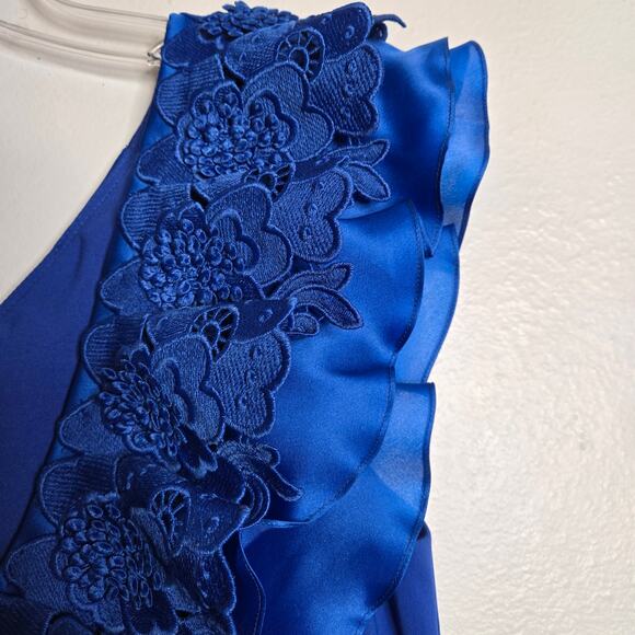 Badgley Mishka Royal Blue One Shoulder Ruffle Evening Gown 2 Formal Wedding - Picture 4 of 16